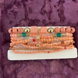 Peach Beaded Bracelet Set with Gold Accents